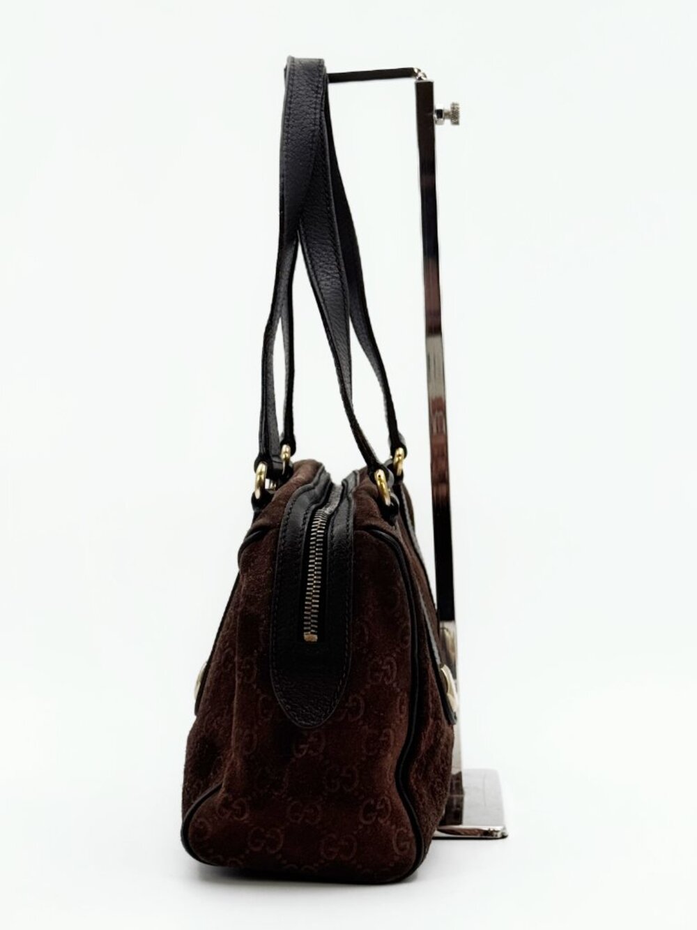 Gucci Vintage GG Monogram Suede Boston Shoulder Bag Brown Leather - Picture 5 of 13